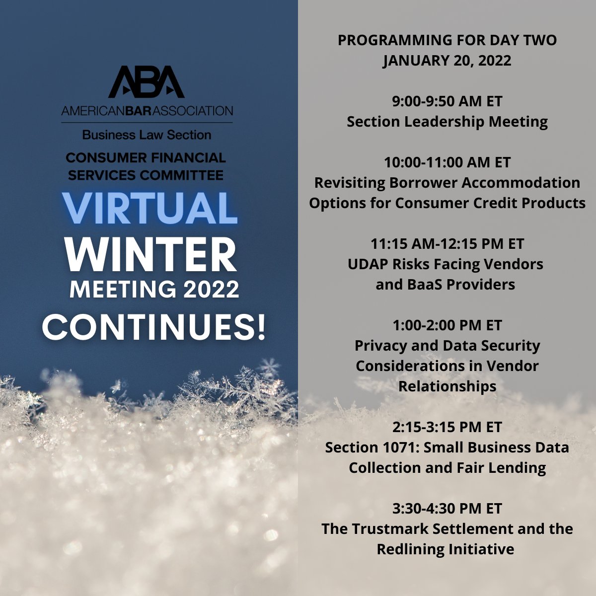 ABABusLaw_CFSC's tweet photo. Don't miss out! Check out the agenda for Day 2 of the CFSC's Virtual Winter Meeting.
#ABA #ABACFSC https://t.co/b3rlj1rWw5