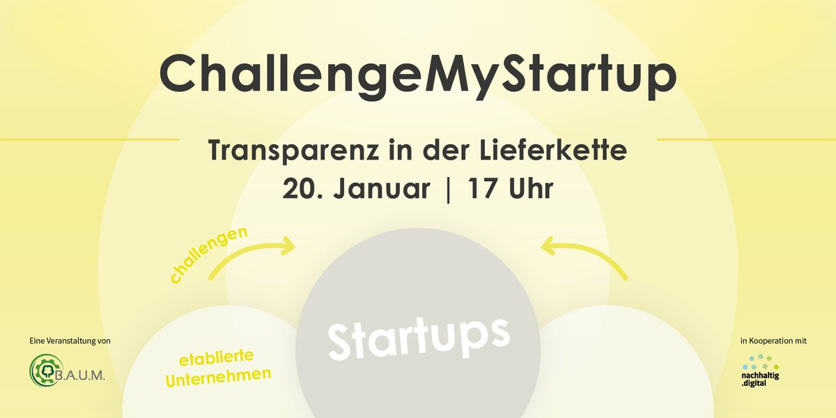BAUMeV's tweet photo. Heute findet unser neues ChallengeMyStartup Format zu #Transparenz in der #Lieferkette statt: #Ecotrek und #AFTS pitchen &amp; unsere Mitglieder #HEAG @Henkel #HiPP @LHIND_DLH @PelzlBU und @Viessmann haken nach. 
#Blockchain #DataMining #NetzwerkNachhaltigkeit #Startup |lw https://t.co/d8jEdAhAFu