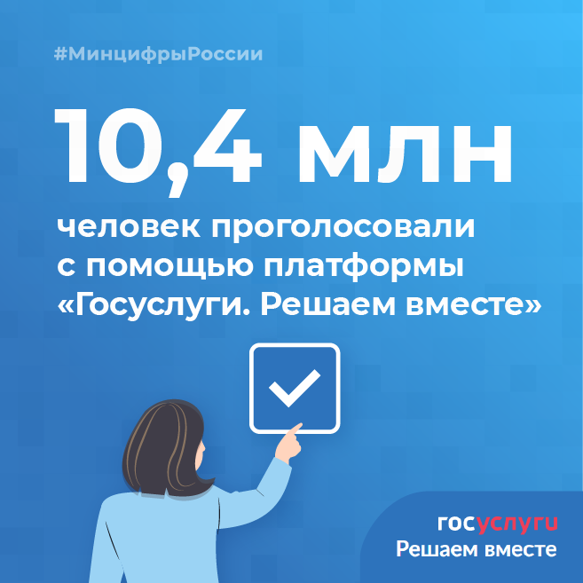 ✅ 10,4 млн человек проголосовали с помощью платформы «Госуслуги. Решаем Вместе» «Госуслуги. Решаем вместе» — это цифровая платформа обратной связи. С ее помощью голосуют за инициативы властей и сообщают о проблемах в ответственные ведомства. #МинцифрыРоссии #РешаемВместе