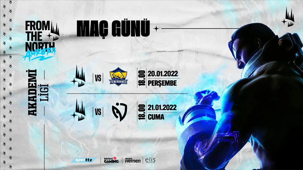 Vadiye dönme vakti geldi!

Akademi Ligi'nin 1. haftasında rakiplerimiz Fenerbahçe Espor ve Nasr Esports.

🆚 Fenerbahçe Espor 
🗓️ 20.01
⏰ 18.00

🆚 Nasr Esports
🗓️ 21.01
⏰ 18.00

#FromTheNorth