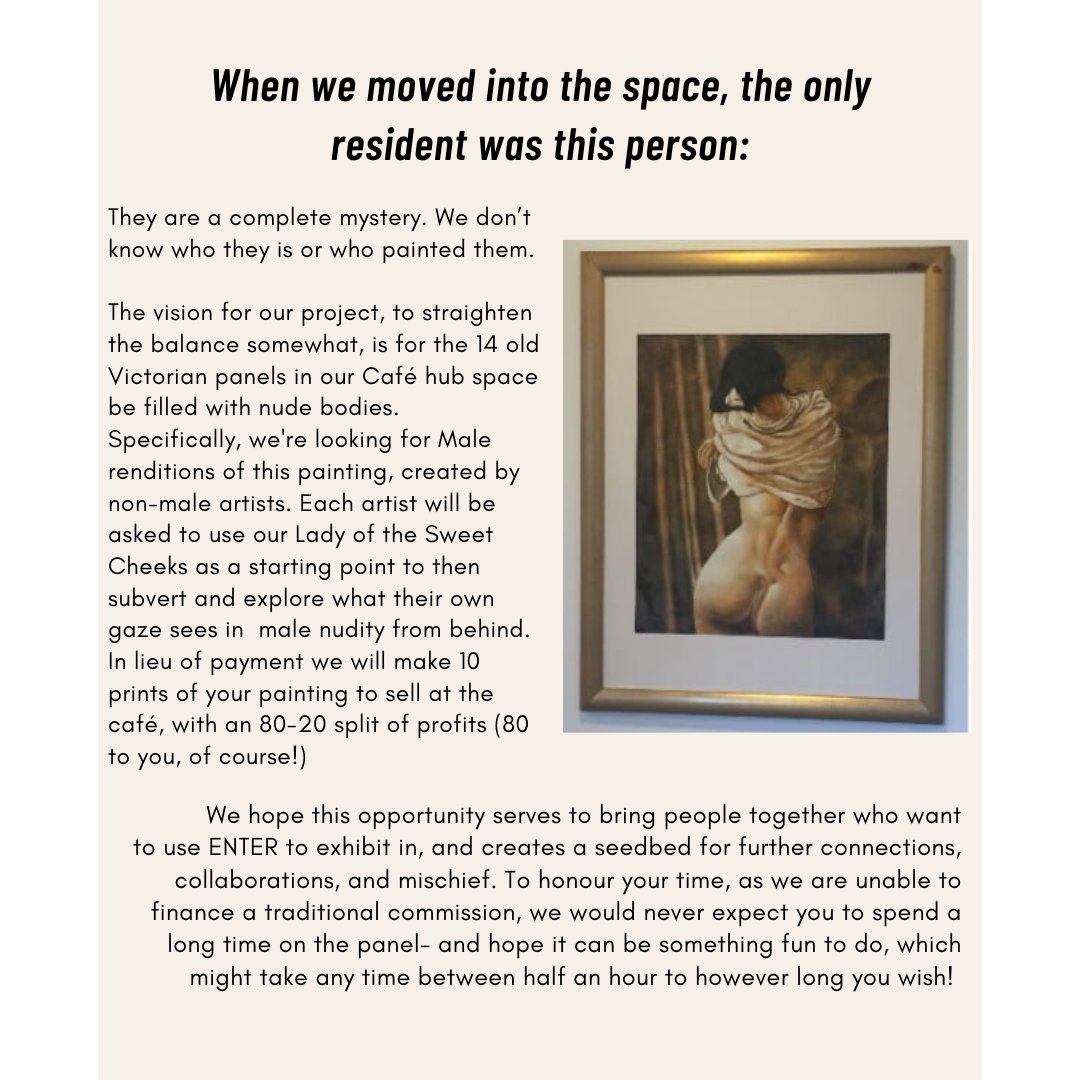 Enter_theVenue's tweet image. #ARTIST CALL-OUT 

@exitprodu are looking for 14 Artists to put their non-male gazes to work creating a mural series focusing on the male body. 

Want to get involved? Get in touch at: enter@exitproductionsltd.com