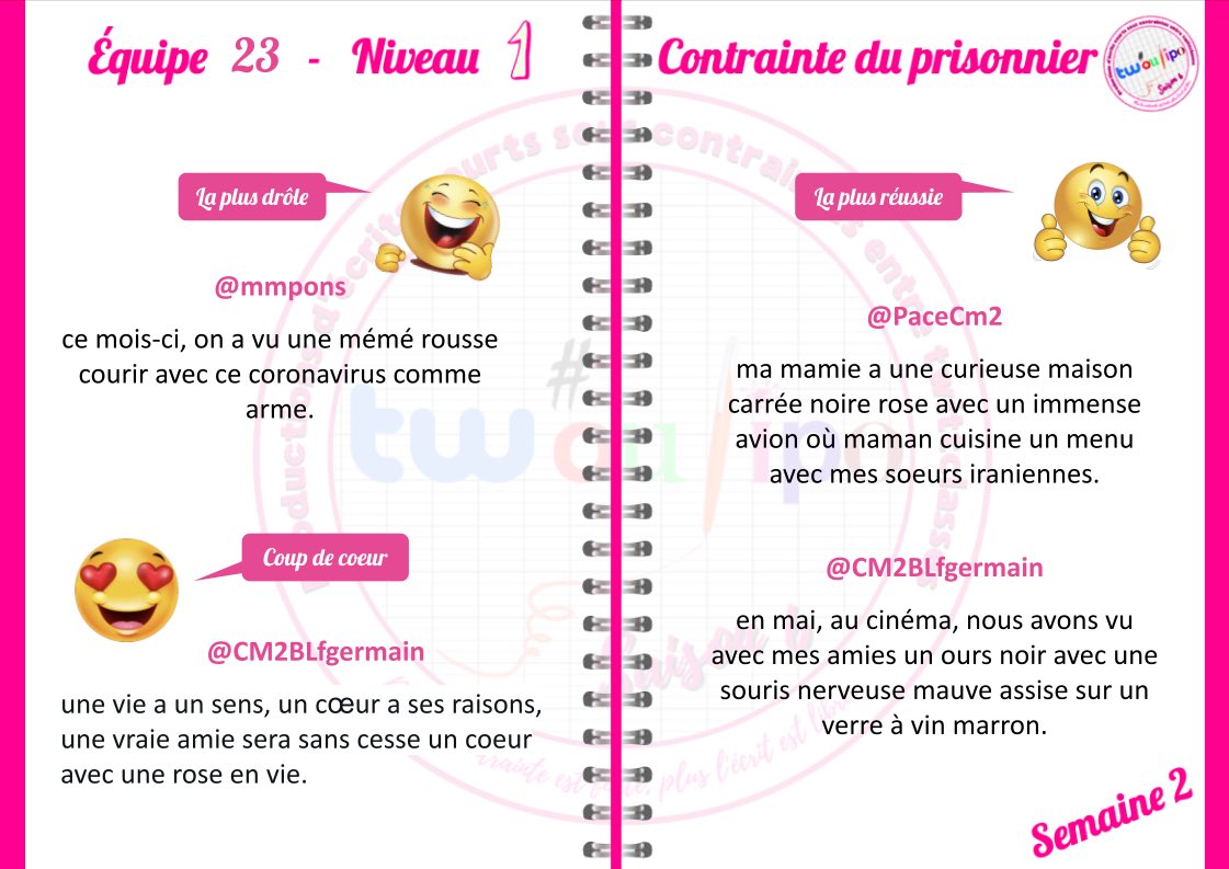 tw_oulipo's tweet photo. Chers élèves de l'#EQ23 de #Twoulipo, bravo à tous pour vos tentatives de ne pas sortir de prison ! 
Voici enfin venu le temps des résultats de cette semaine 2 ! 
@mmepons
@CM2BLfgermain
@CM2Cedric
@CMWattrelos
@EbnolaCm1B 
@PaceCm2
@Cm2Pace https://t.co/ubJM61lNRF