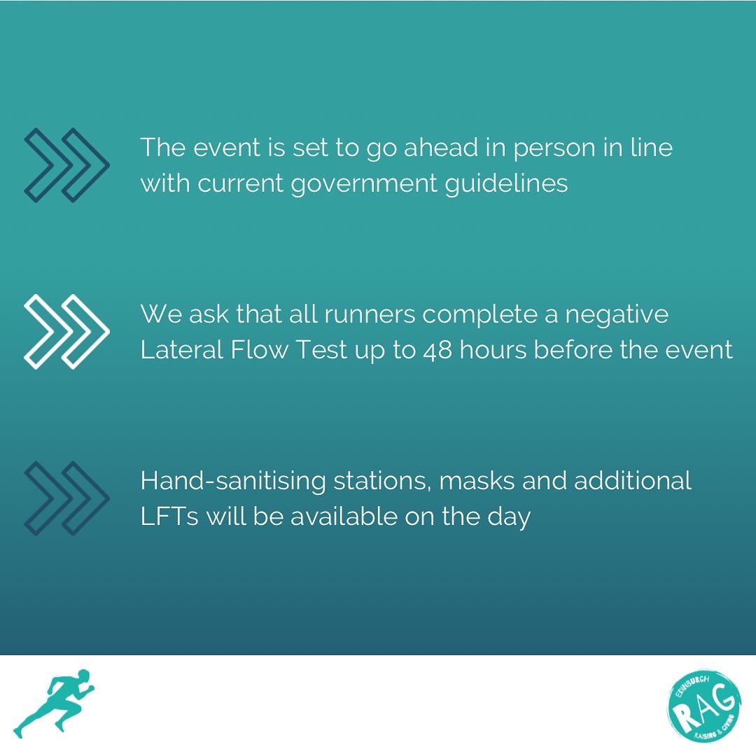 •COVID-19•

Although our event takes place outdoors we have put measures in place to ensure everyone is safe…

-All runners should take a LFT up to 48 hours before the event
-Masks, sanitising stations and additional LFTs will be available on the day 
Buy your ticket now 💚