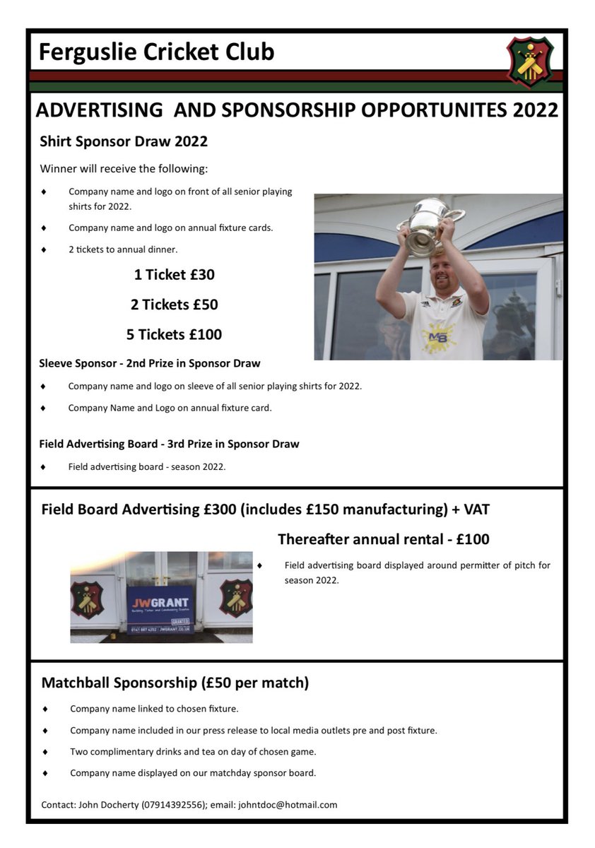 Advertising and Sponsorship Opportunities 2022 🤝

If you or your company would like to enter the Shirt Sponsor Draw then everything you need to know is below👇

Some great prizes up for grabs so get yourself involved folks and continue to help Ferguslie CC 🏏

Good luck🤞