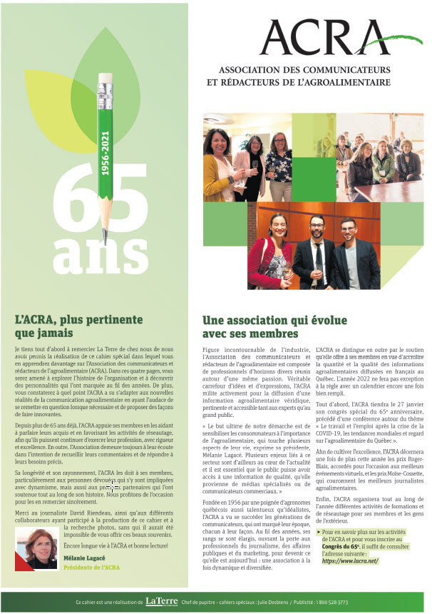 Le cahier spécial 65e anniversaire de l'ACRA est publié dans @laterreca De beaux souvenirs, merci La Terre!  Inscrivez-vous au congrès spécial en ligne du 27 janvier ici: lacra.net/activites/even… Lire le cahier spécial ici: laterrekiosk.milibris.com/reader/ab4c887…
