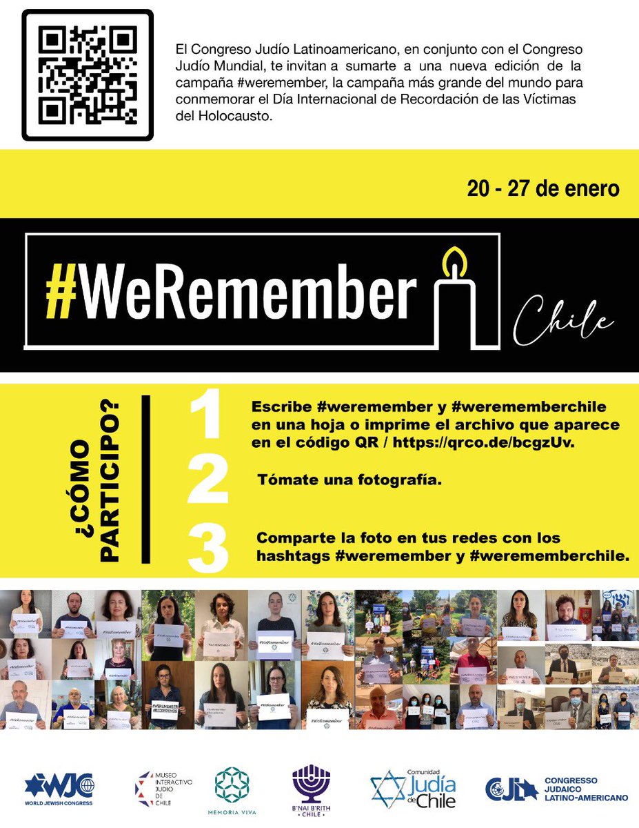comjudiachile's tweet photo. Desde hoy y hasta el 27/01, vivimos la campaña internacional #WeRemember, en memoria de las víctimas del holocausto. 
Este año agregamos el #WeRememberChile. 
La idea es escribir este # en un papel o escanear el código QR, sacarte una foto y subirla a tus redes sociales! 
Súmate! https://t.co/i7hxZDy9Pa