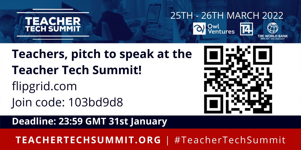 Teacher Masterclass pitches are coming in over on our #Flipgrid - congrats to the brave who pitched first! Have you seen them? 🤔

#Teachers, your homework is due 31st January! The Grid closes at 11:59pm GMT - don't be late. 😉

flipgrid.com/103bd9d8
#TeacherTechSummit #T4Conf