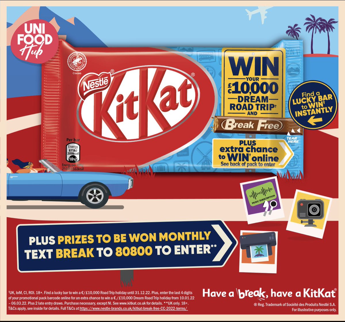 WIN your ‘Dream Road Trip’ holiday, worth up to £10,000!*. Plus, WIN additional prizes by texting BREAK to 80800*. *T&amp;Cs apply. Full T&amp;Cs at kitkat.co.uk *UK only. 18+. Closes 30.04.22. Full T&amp;Cs at bit.ly/3IUY06J

#KitKat #BreakFree #HaveABreakHaveAKitkat