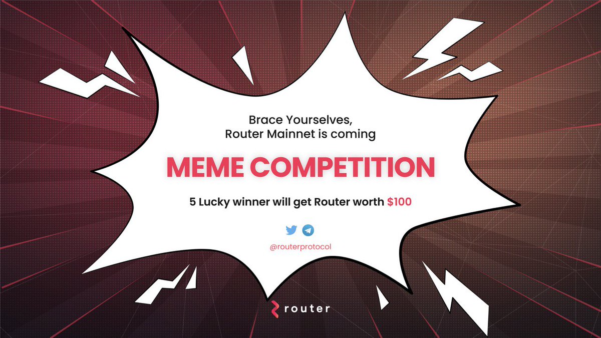 To celebrate the Launch of Router Mainnet, we are running a Meme competition for our community 🤩🎊

📅 Ends on 26th Jan. 
💰 Reward pool: $500 (Best 5 Memes will get 100$ worth of $ROUTE each)

#RouterProtocol #RouterMainnet 

Check out the rules in the comments section👇

[1\2]
