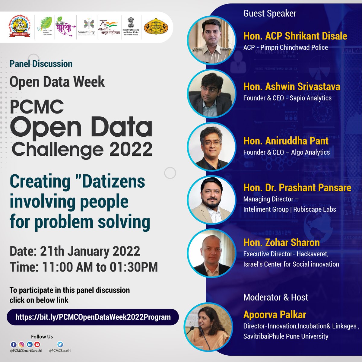 #PCMCOpenDataWeek #PanelDiscussion
PCMC Open Data Challenge 2022

Topic- Creating "Datizens" involving people for problem solving

Date: Friday, 21st January 2022, Time : 11:00 am To 1:00 pm

To participate in this panel discussion click on below link- bit.ly/PCMCOpenDataWe…