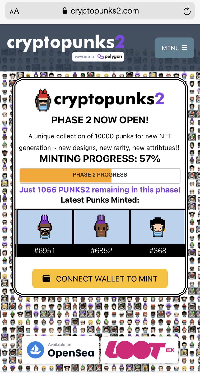 cryptopunks2021's tweet image. Just 1066 Punks left in this phase! After this the minting price rises 🔥🔥

Mint now: CryptoPunks2.com

#polygon #polygonMatic #PolygonNFT #NFTCommmunity #NFT #NFTs #NFTcollections #nftcollectors #cryptopunks #opensea
