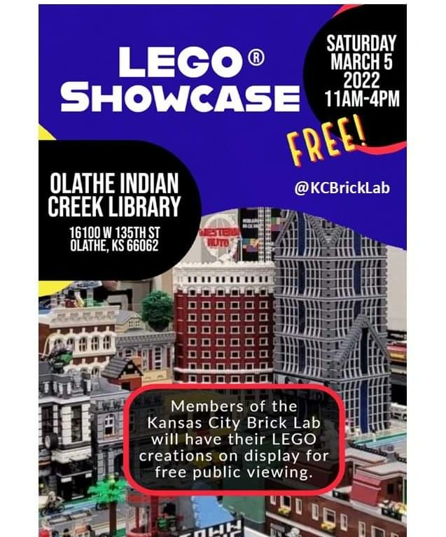 We will be at the Indian Creek Library in Olathe for a FREE Showcase with a huge Lego City, a Lego Great Ball Contraption, our Disney Main Street USA collab build, and tables of creations built by our members.  #kcbricklabshowcase22 #kcevents #kansascity #legoevents  #kcbricklab