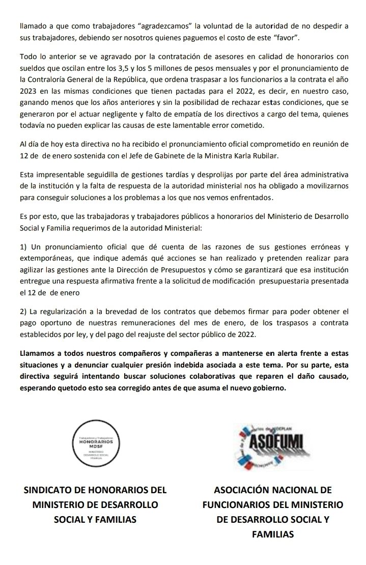 SMideso's tweet photo. Comunicado público a propósito del trato que el @MinDesarrollo ha tenido con los trabajadores y trabajadoras a honorarios, poniendo en riesgo el reajuste salarial que nos ha sido otorgado todos los años. https://t.co/0wBFmkMPAB