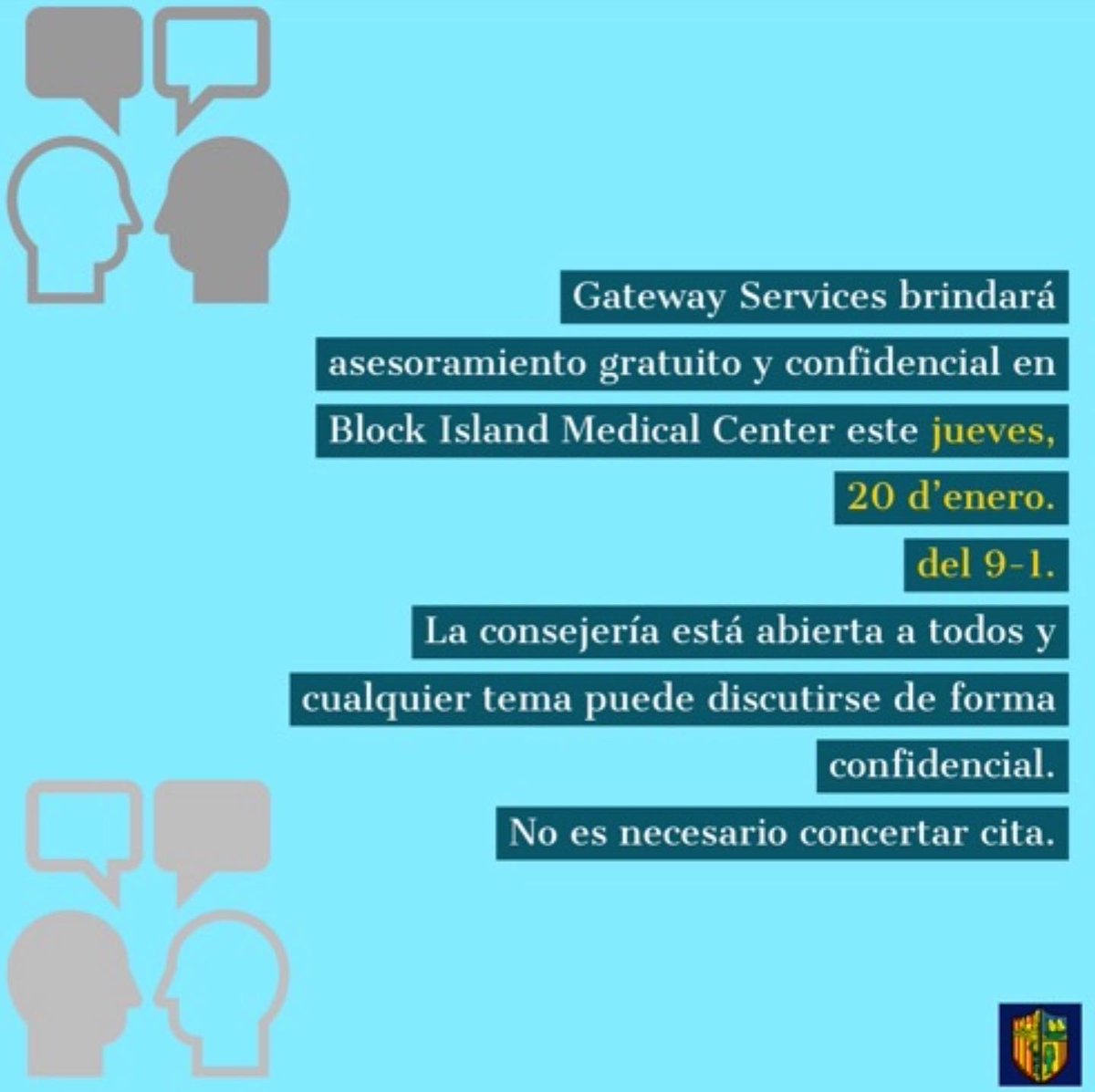 BIHS2974's tweet photo. Gateway Services is offering free, confidential counseling at the BI Medical Center today 1/20/22, 9-1.  No appointment needed. #blockisland #counseling https://t.co/yb91yfLiLe