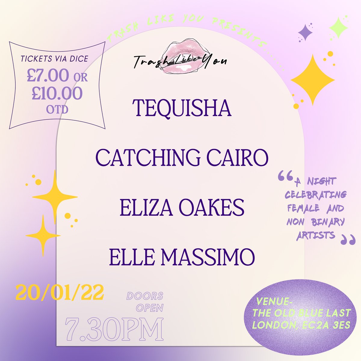 theoldbluelast's tweet photo. ⭐TONIGHT⭐ 

Trash Like You Records presents @tequishamusic, @catchingcairo, @elizaoakes + @EloiseMassimo🌠

Last few tickets available on @dicefm > https://t.co/UEzZAdI5l4 https://t.co/VCcAj8AIr0