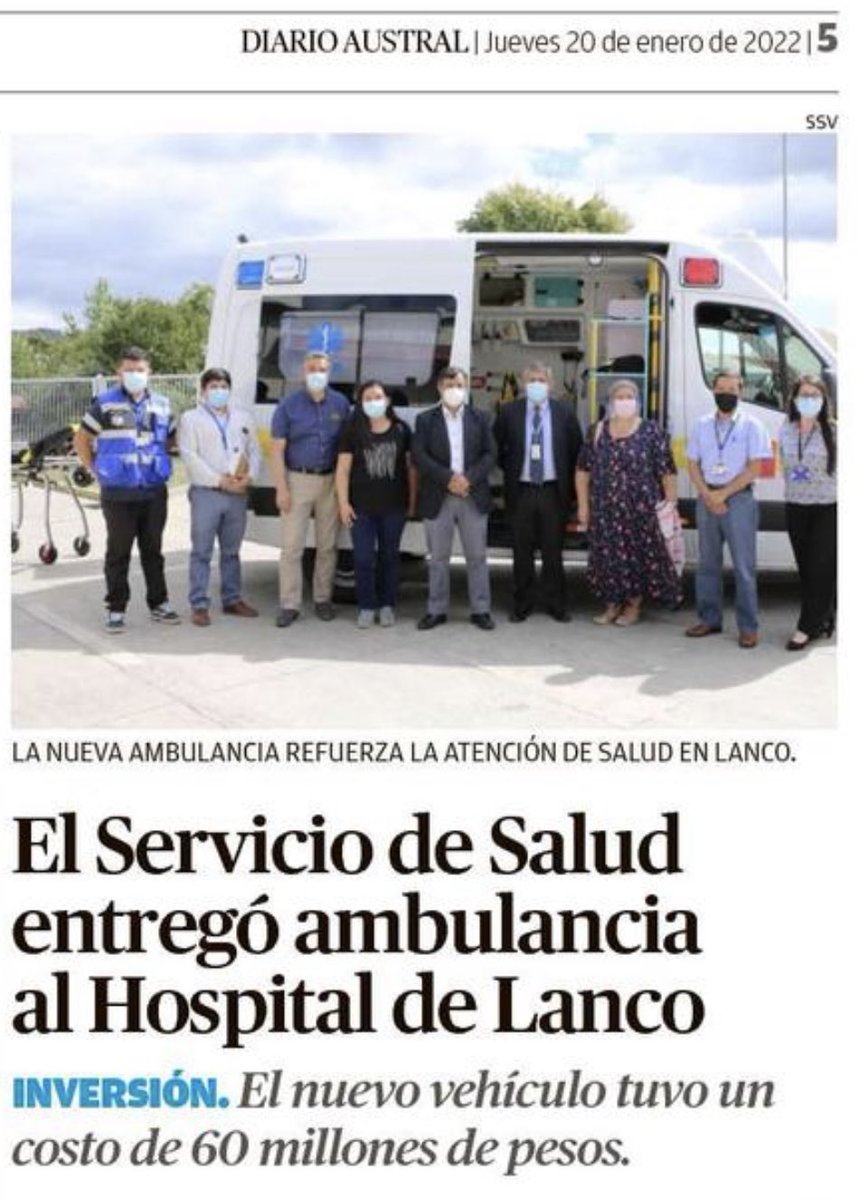 ssaludlosrios's tweet photo. [PRENSA] En su nueva edición, Diarioaustral🗞 destaca la entrega de un nueva ambulancia🚑 para reforzar la red de Urgencias del Hospital de #Lanco🏥 En la actividad participó el alcalde del @MunicipioLanco, Juan Rocha y el director del hospital, Claudio Arellano.

#valdiviacl https://t.co/9dMxivFj7y