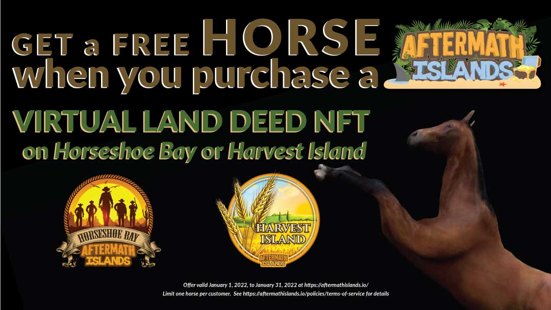 AftermathIsland's tweet photo. Giddy up!  Get a FREE Horse when you purchase Aftermath Islands virtual land on Horseshoe Bay or Harvest Island.  OR get a FREE War Horse when you purchase on Camelot Cay! https://t.co/JR3FUjbixR https://t.co/fFxAoh4iC6