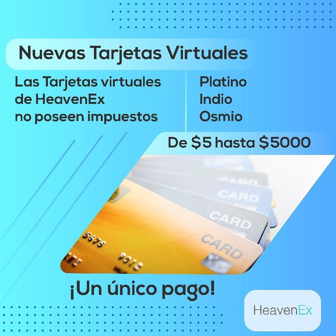 Ahora pueden comprar Tarjetas virtuales con saldo desde 5$ hasta 5000$ para todos los tipos de compras online. Los nuevos tipos de tarjetas son Platino, Indio y Osmio esperamos les sean útiles. Seguimos mejorando. 

!Porque nuestra prioridad, es usted!