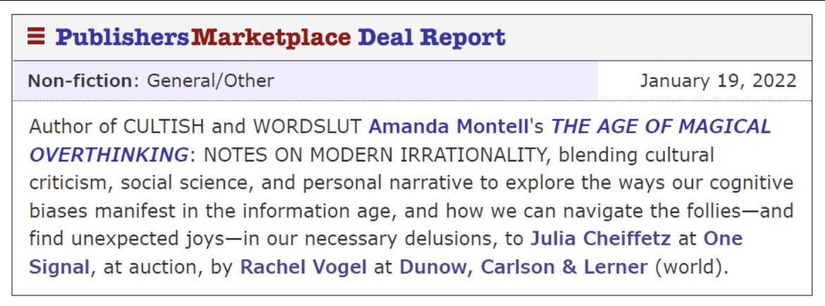 I *loved* @AmandaMontell’s book CULTISH, and I’m thrilled to be working with her on her next project, THE AGE OF MAGICAL OVERTHINKING 💡🦄