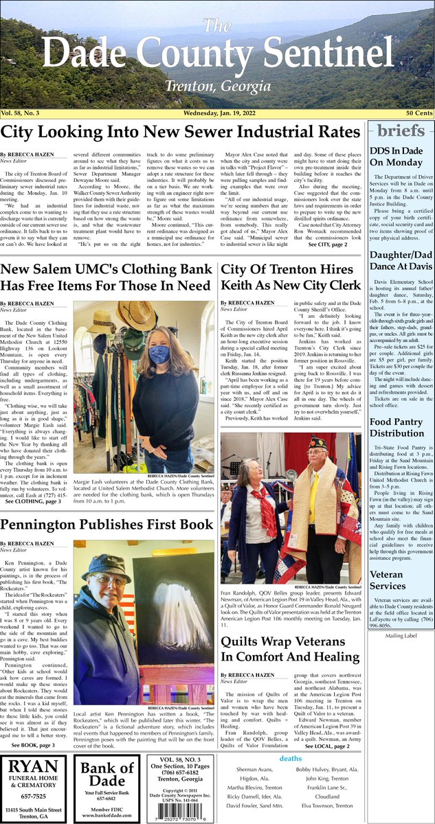 R_Hazen's tweet photo. The front page of this week's Dade County Sentinel. #DadeCountyGA #Journalism https://t.co/Mxtv9khgBV