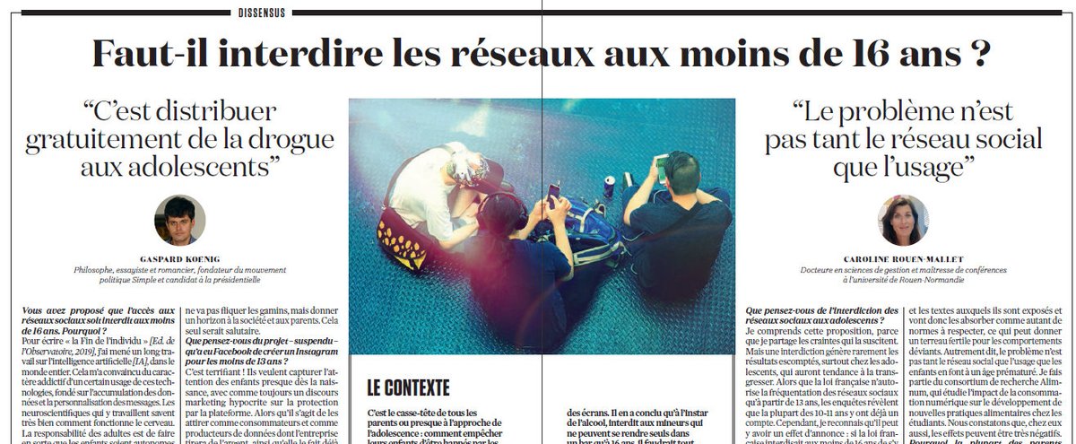 tnoisette's tweet photo. Faut-il interdire les réseaux sociaux aux moins de 16 ans? Dans @lobs cette semaine, pour @LObsDissensus, les réponses de Gaspard Koenig, @MouvementSimple, et de Caroline @RouenMallet https://t.co/sysUadJ9Yb