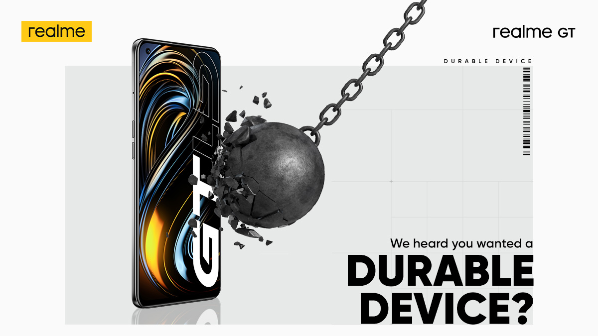 realmeIndia's tweet photo. Knock-Knock👂
Who's there❓
Durable💪
Durable who?👀
Durable #realmeGT 5G📲
#SheerSpeedFlagship https://t.co/eGju2v0bq1
