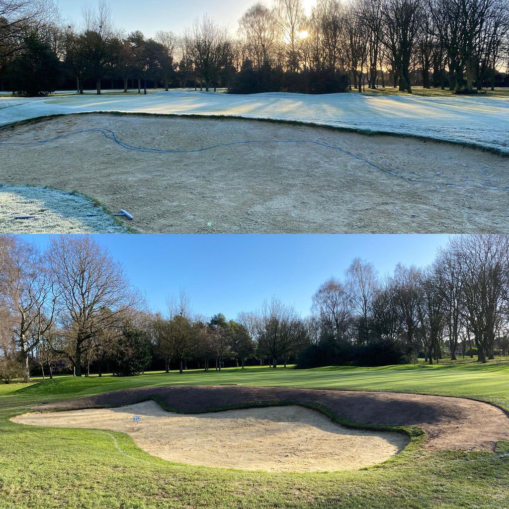 Bunker tweaking <a href="/OltonGolfClub/">Olton Golf Club</a> continues. Before and after shot of the 1st greenside left trap, lowering the height of sand face, adding a bit more character with banks running in from the green - now onto the right #greenkeeping #bunkers #turf