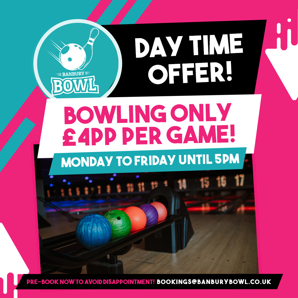 banburybowl's tweet photo. Get more out of your midweek by joining us for our daytime offer! 🤩

Treat yourself to a game of bowling for only £4pp per game (Monday to Friday until 5PM) 🎳

Visit our website to book your bowl: https://t.co/Agoo1JER3B 📲

#BanburyBowl #Bowling #Banbury #Drinks #FamilyBowl https://t.co/JZnl4nhju7