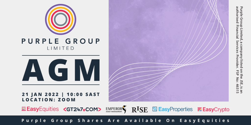 EasyEquities's tweet image. 📢𝗖𝗮𝗹𝗹𝗶𝗻𝗴 𝗔𝗹𝗹 @PurpleGroupPPE 𝗦𝗵𝗮𝗿𝗲𝗵𝗼𝗹𝗱𝗲𝗿𝘀!

Only one sleep till the Purple Group AGM!
📆 – Friday 21 Jan 2022
⌚ - 10:00 SAST
📍 – Zoom ( Shareholders Only 😎) 

Purple Group shares are available on EasyEquities.
#EasyEquities | $PPE