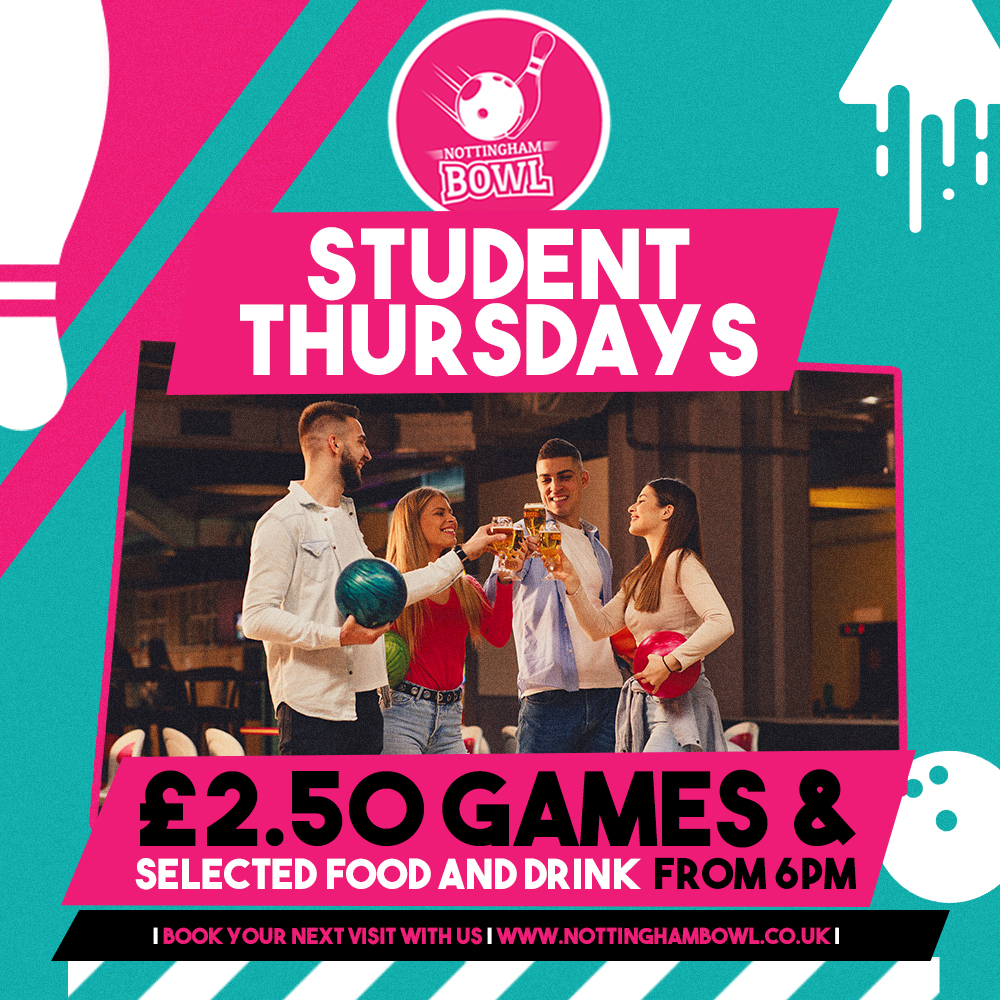 NottinghamBowl's tweet photo. Attention all students - It's your time to shine! 👩‍🎓

Treat your team to a game for only £2.50pp &amp; get your hands on some sensational selected food and drink deals from 6PM 🥰

https://t.co/gLQDA6feLg 📲

#NottinghamBowl #Bowling #Nottingham #DiscoDarts #FamilyBowl #Bowl #Arcade https://t.co/jqDi4k5ATn