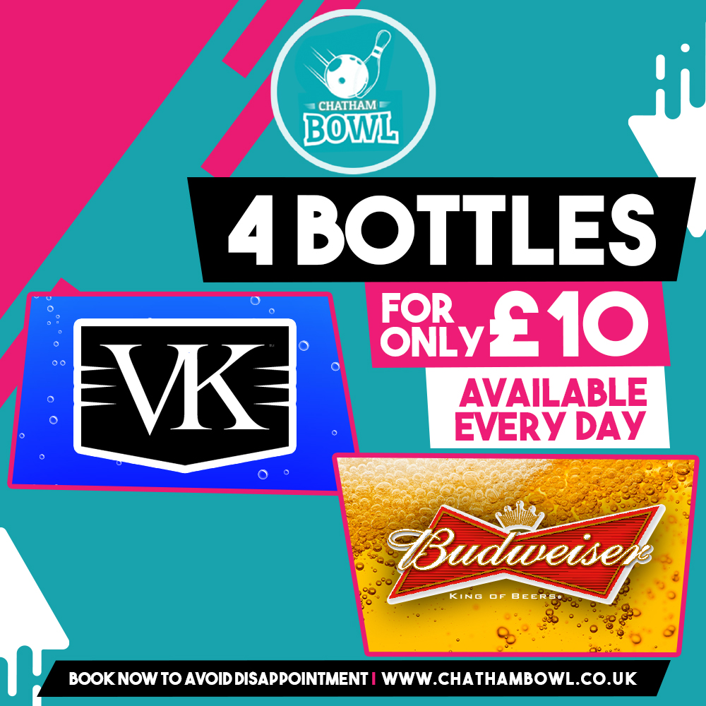 ChathamBowl's tweet photo. Get your weekend off to the perfect start with Chatham Bowl 🎳

Make your next visit to the bowl something to remember by treating yourself to 4 bottles of VK/Bud for only £10 🥰 

https://t.co/b5n7DTWl0z 📲
 
#ChathamBowl #Bowling #Chatham #Arcade #Bowl #pizza #cocktails #Drinks https://t.co/83QYXAFMQl
