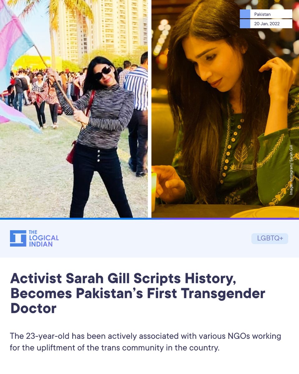 LogicalIndians's tweet photo. #Pakistan: After clearing the final MBBS examination from #Karachi’s Jinnah Medical and Dental College, prominent trans-rights activist Sarah Gill has become Pakistan’s first-ever transgender doctor.
#transdoctor #SarahGill #Pakistan #doctor #histor https://t.co/4vxGzze5ix