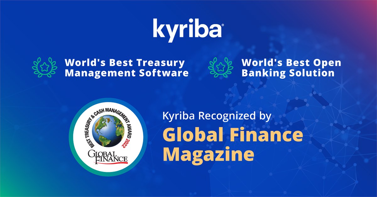 Kyriba has been recognized by <a href="/GFmag/">Global Finance</a> for its #Treasury Management Solution and Open #API platform. Chairman &amp; CEO Jean-Luc Robert noted that Kyriba "enables #CFOs, #CIOs and #Treasurers to rapidly address their most compelling liquidity challenges". bit.ly/3KnhUrU