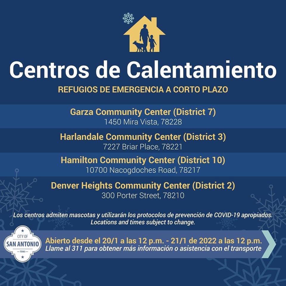 ❄️Reminder❄️

⚠️❄️The City will open four warming centers to offer short-term emergency shelter beginning at 12pm TODAY Thurs Jan 20th thru  Fri Jan 21 at 12pm. The centers will use appropriate COVID-19 prevention protocols. Masks are strongly encouraged. Pets are welcome 👨‍👩‍👦🐶🐱