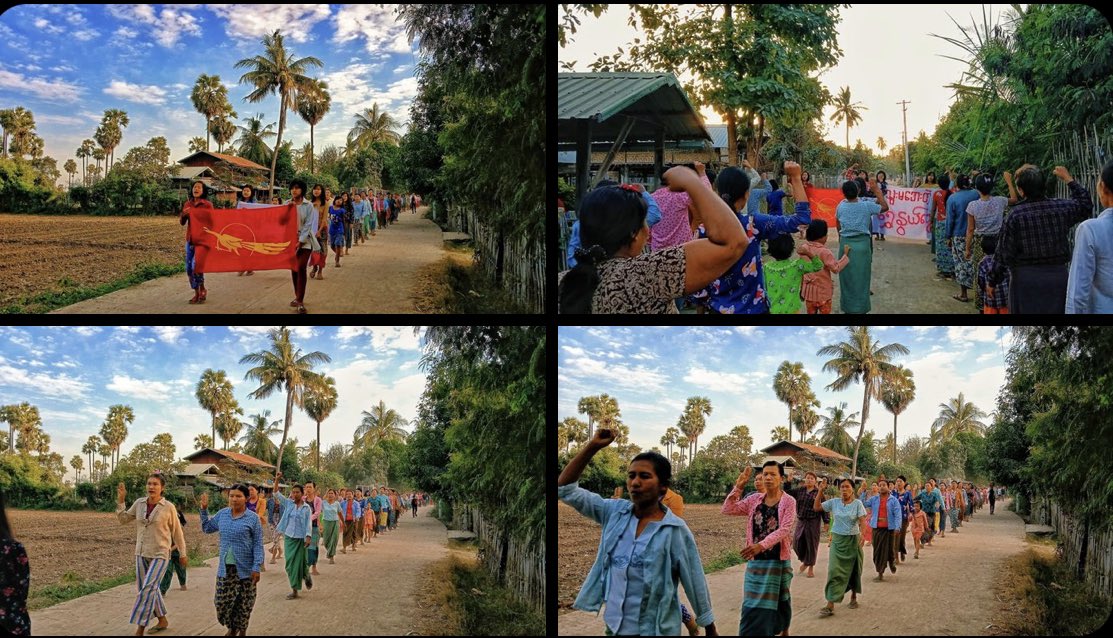 Pro-democracy people from Bein Nwe Chaung Village, Yinmarpin Township staged a protest against military dictatorship.   #WarCrimesOfJunta #2022Jan20Coup #WhatsHappeningInMyanmar