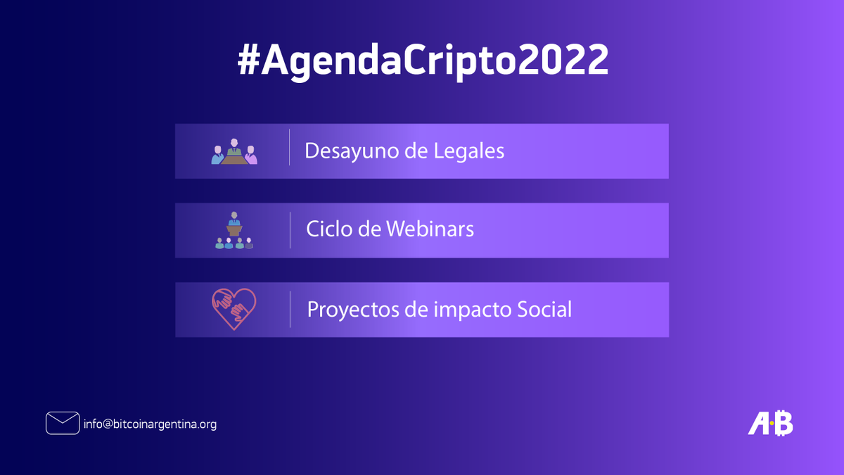 BitcoinAR's tweet photo. #AgendaCripto Mira todo lo que se viene este 2022 en @BitcoinAR 😱👇

📚 2da edición de la #Diplomatura en #Criptoeconomía y #Derecho
🍕#Bitcoin Pizza Day
🌐 #Descentralizar
🎙️Conferencia de #identidad digital
🥐Desayuno de Legales
➕ Y mucho más

ℹ️ info@bitcoinargentina.org https://t.co/9RJTXDYTHA