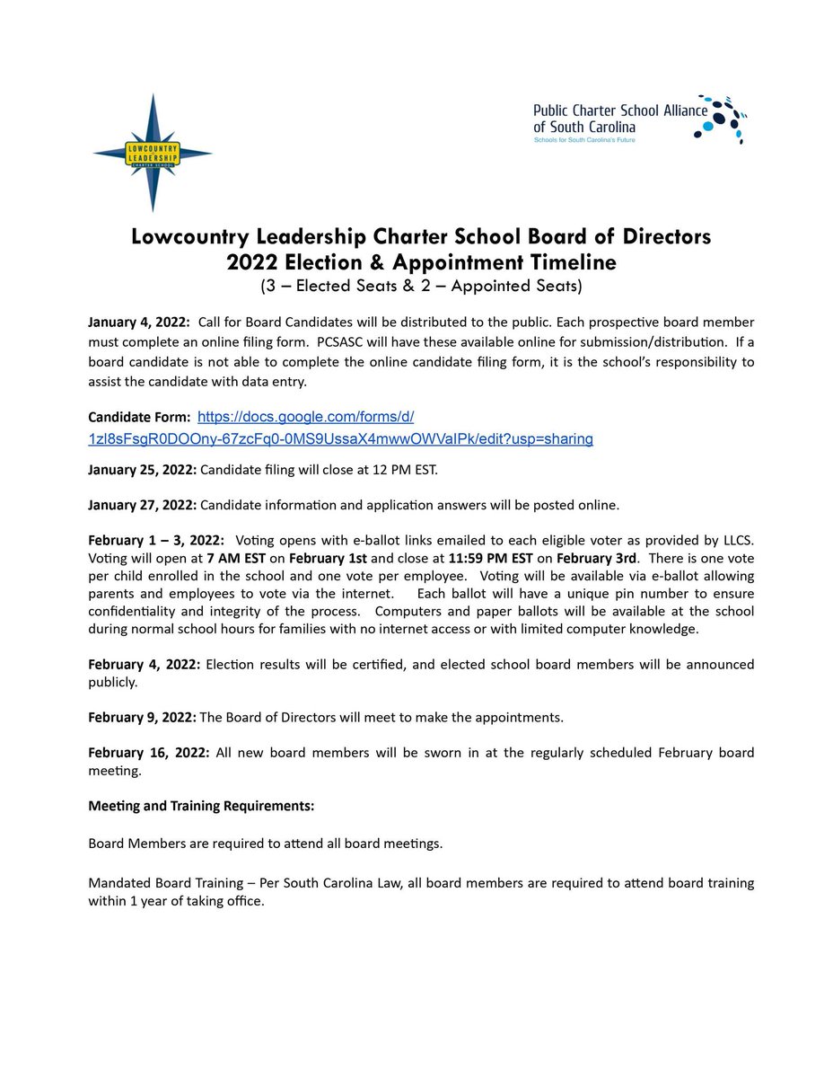 LLCS_NaviGators's tweet image. The Lowcountry Leadership Charter School Board of Directors is conducting its annual election and is looking for committed Directors. An application form outlining details and instructions at the link here:docs.google.com/forms/d/1zl8sF…