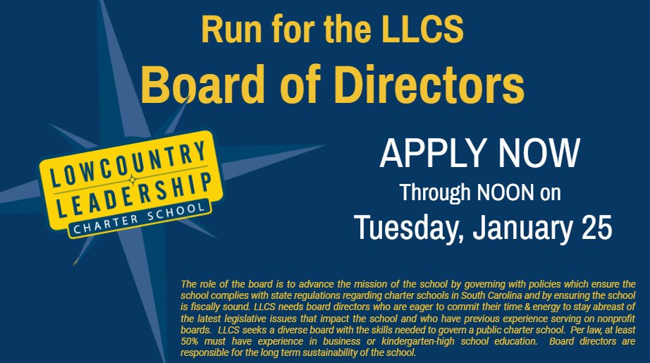 LLCS_NaviGators's tweet image. The Lowcountry Leadership Charter School Board of Directors is conducting its annual election and is looking for committed Directors. An application form outlining details and instructions at the link here:docs.google.com/forms/d/1zl8sF…