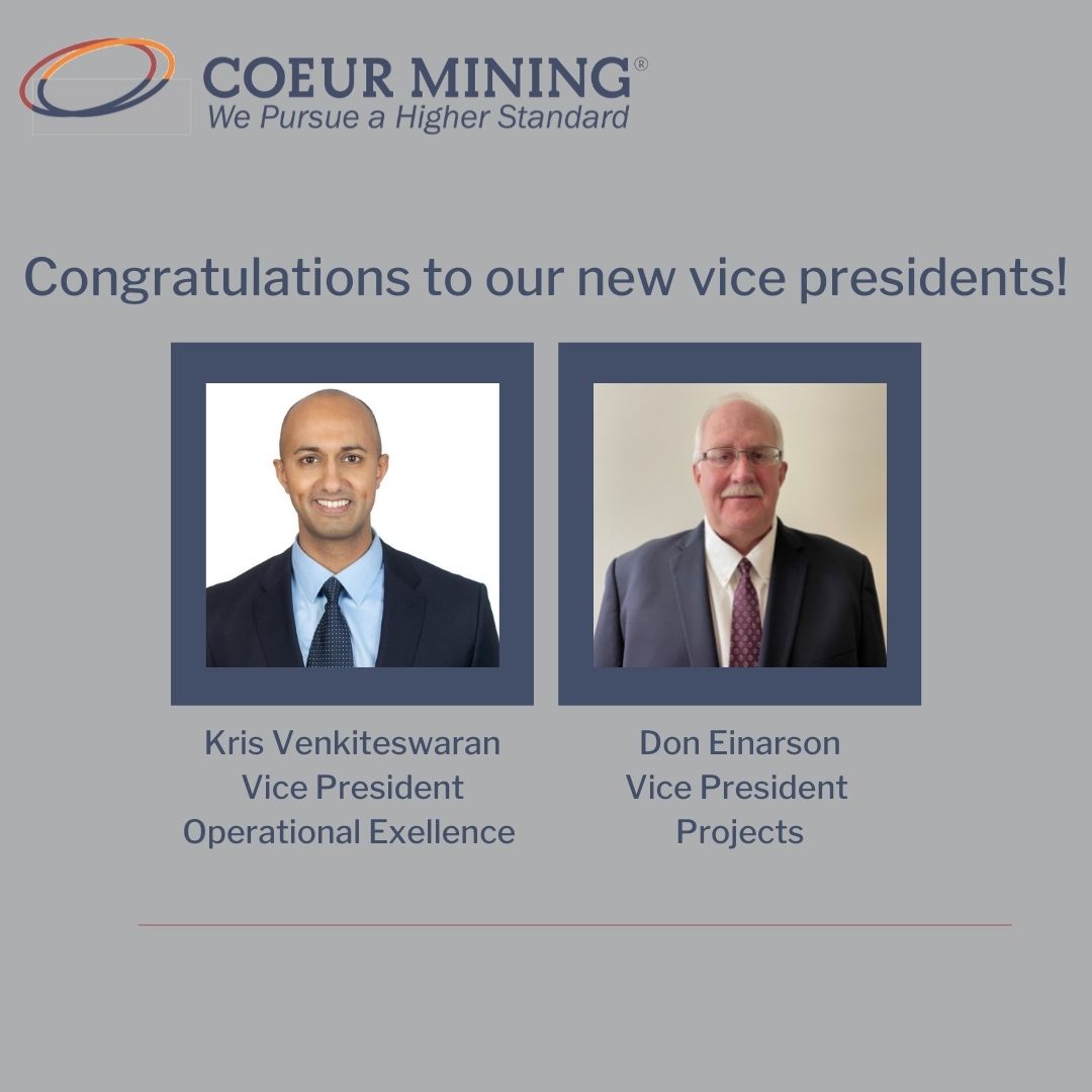 Coeur Mining (@coeurmining) on Twitter photo We are pleased to announce the appointment of two new vice presidents. A sincere congratulations to Kris Venkiteswaran, Vice President, Operational Excellence and Don Einarson, Vice President, Projects. On behalf Coeur Mining, thank you for your leadership, Kris and Don! We are pleased to announce the appointment of two new vice presidents. A sincere congratulations to Kris Venkiteswaran, Vice President, Operational Excellence and Don Einarson, Vice President, Projects. On behalf Coeur Mining, thank you for your leadership, Kris and Don!