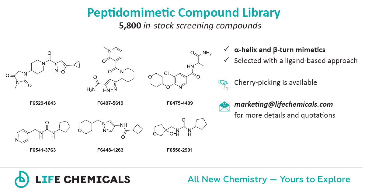 Life_Chemicals's tweet photo. Explore our Peptidomimetic Screening Compound Library of over 5,800 α-helix and β-turn #peptidomimetics, selected with a ligand-based approach!

🔗 https://t.co/5CJaakBPA3 
📧 marketing@lifechemicals.com

💡 Read more on our blog: https://t.co/DqRXKR3uOJ 

#DrugDiscovery #HTS https://t.co/WSyjv8gMBO