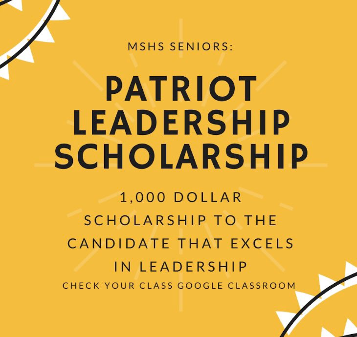 SENIORS! The Student Council is offering a $1,000 leadership scholarship to one applicant in their first year of college. If you have been in Student Council before, or are currently, you are not eligible. Applications are in your grade's Google Classroom, and are due on Jan 30th