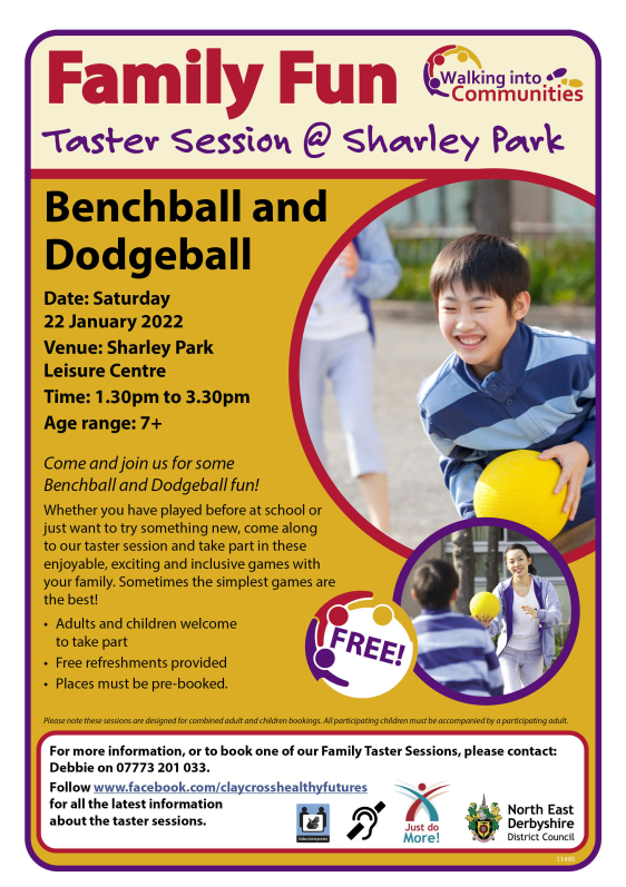 The Walking into Communities Project have developed a series of taster sessions of various activities that will run from Jan until April on Saturday afternoons.  All the taster sessions will take place in the Sharley Park area are free of charge <a href="/nedDC/">North East Derbyshire District Council</a> <a href="/DCCPublicHealth/">Live Life Better Derbyshire</a> <a href="/dva_info/">Derbyshire Voluntary Action</a>