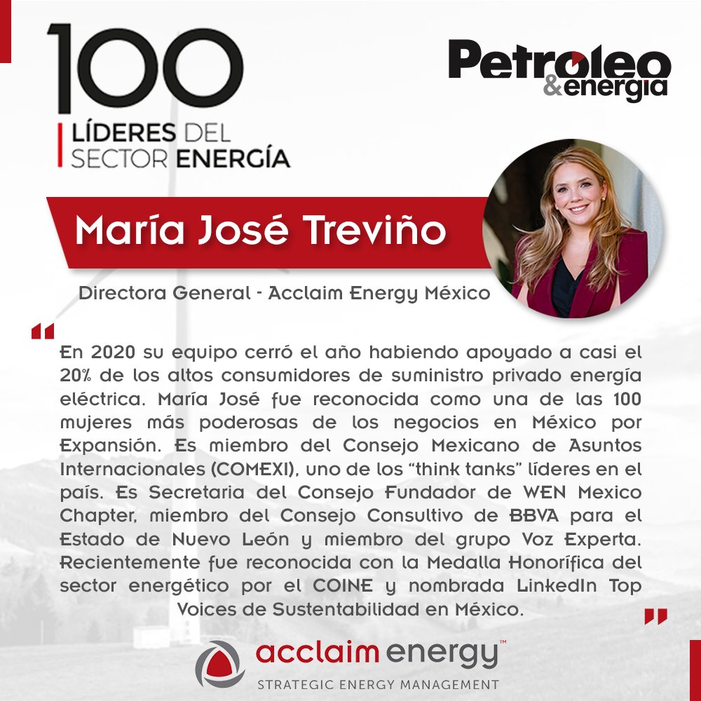 AcclaimEnergyMx's tweet photo. Es un honor para nosotros anunciar la participación de @MariaJoseTrevin Directora General de Acclaim Energy México en el #Top100 Líderes del Sector Energía en @petroleoenergia 

Visita la lista en: https://t.co/6a1iJbgMVB

#Líderes #México #energía #AcclaimEnergy #CFE #PEMEX #MX https://t.co/MIhgRVjDSN