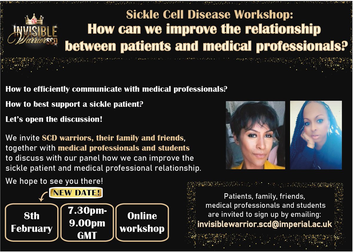 InvisWarriorSCD's tweet photo. **NEW DATE** We are organise our next #sciklecell workshop! Join our panel of a #haematologist, #gp, sickle cell #warrior, and #psychologist to discuss "how can we improve the relationship between patients and medical professionals?" Sign up: invisiblewarrior.scd@imperial.ac.uk https://t.co/D9QGTT9AtM