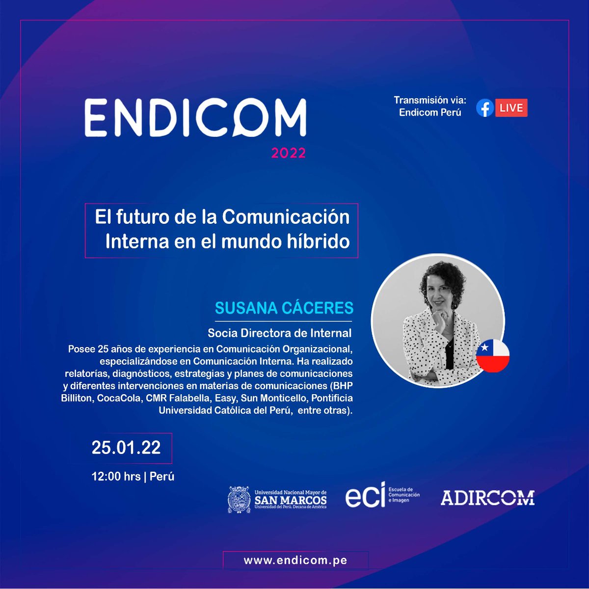 internalCI's tweet photo. 🟠El martes 25 de enero nuestra Socia Directora @sucaceres estará participando con su ponencia "El futuro de la #ComunicaciónInterna en el mundo híbrido" en el @endicomperu ¡No te la pierdas!
✅Inscríbete en https://t.co/2VYLKNnhqj
#Endicom2022 #UNMSM #ECI #Adircom https://t.co/EB2dUJWjRP