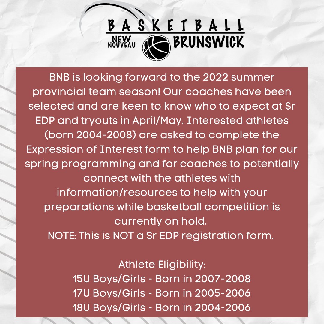 BasketballNB's tweet photo. Are you planning to participate in Sr EDP and tryout for BNB Provincial Teams this spring? Please fill out this ATHLETE EXPRESSION OF INTEREST form: https://t.co/yCEpzqgEsC https://t.co/MCLILCuMOa