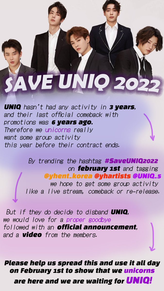 saveuniq2022's tweet photo. By using #SaveUNIQ2022 @UNIQ_5 @yhartists @yhent_korea on February 1st. We will hopefully get it trending and show them that we are waiting for them. https://t.co/8DDt9nxSep