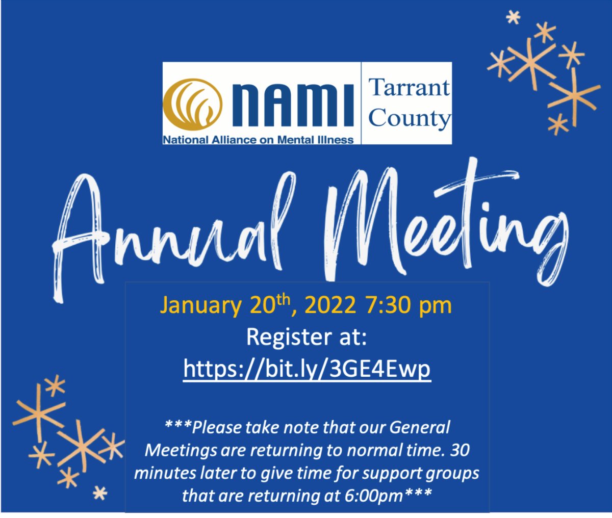 ATTENTION: Join us Online tonight at 7:30 pm for our Monthly General Meeting. Don't forget to register so you don't miss our important Annual Meeting tonight where we will go over 2022 plans. Also, we took our support groups online at 6 pm. SIGN UP NOW: conta.cc/32hbJEF