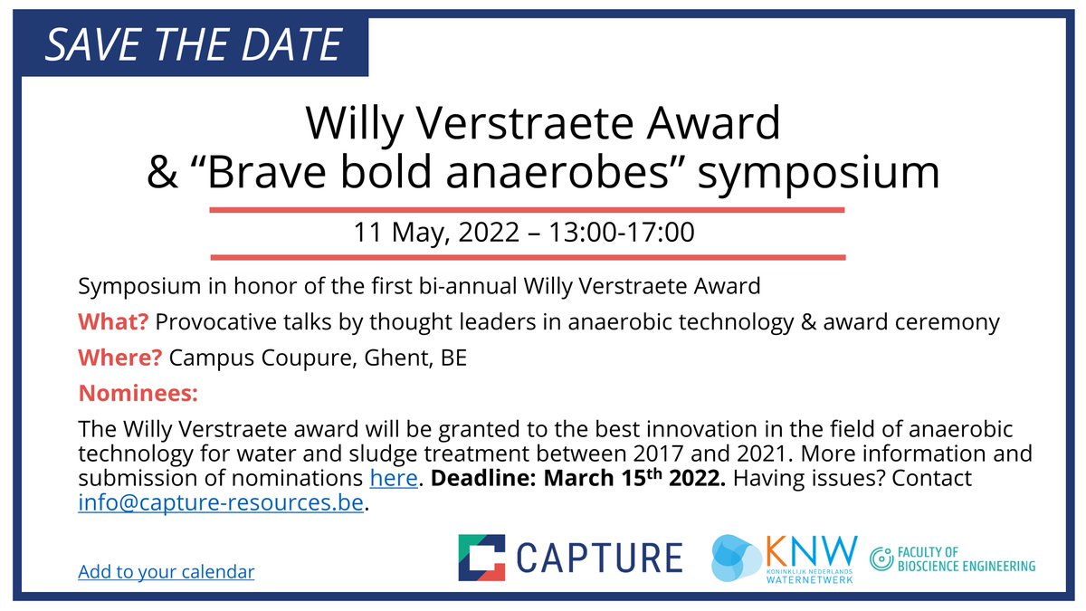 Prof. Verstraete, @CaptuREsources and @Waternetwerker are launching the bi-annual 'Willy Verstraete Award' 🏆May 11th, the award ceremony will take place, coupled to the 'Brave bold anaerobes' 🦠 symposium, at Willy's homestead the @FbwUGent. More info 👇 @ResearchUGent @ugent