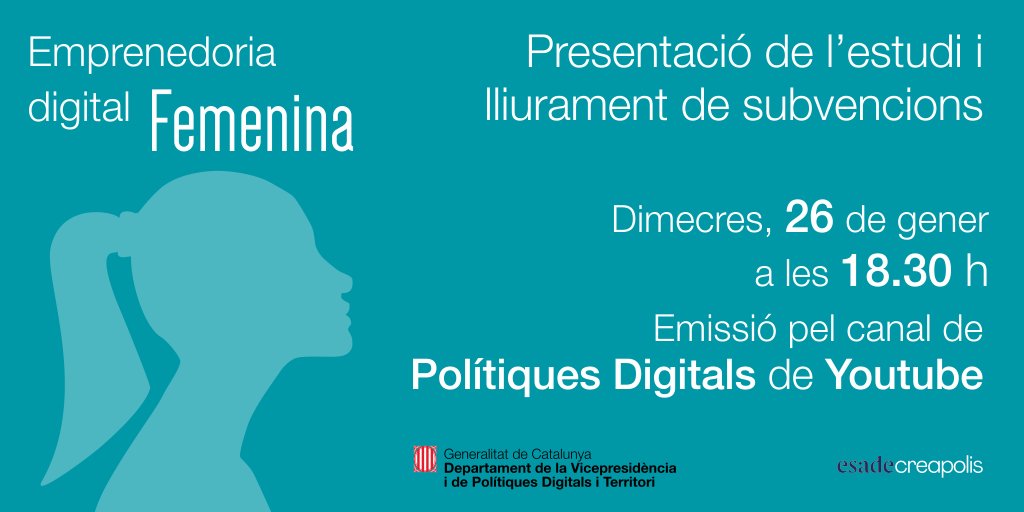 🙋‍♀️ #Bondia, avui, a les 18.30h, es presenta l’estudi sobre l’emprenedoria femenina en l’àmbit digital a Catalunya: bit.ly/3fIWdoc

També es lliuraran les subvencions a les empreses guanyadores

🔴 Segueix l'acte al Youtube de <a href="/tic/">TIC Catalunya</a> bit.ly/3FJXF4g

@EsadeCreapolis